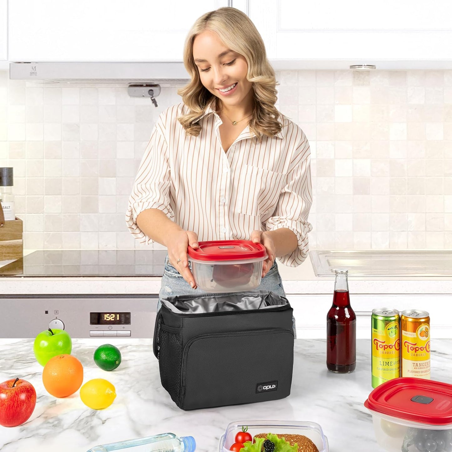 opux Insulated Lunch Bag for Men Women, Large Dual Compartment Cooler Bag, Soft Two Deck Lunch Box for Work School Picnic, Leakproof Lunch Tote with Shoulder Strap for Kid Adult (Purple, Double Deck)