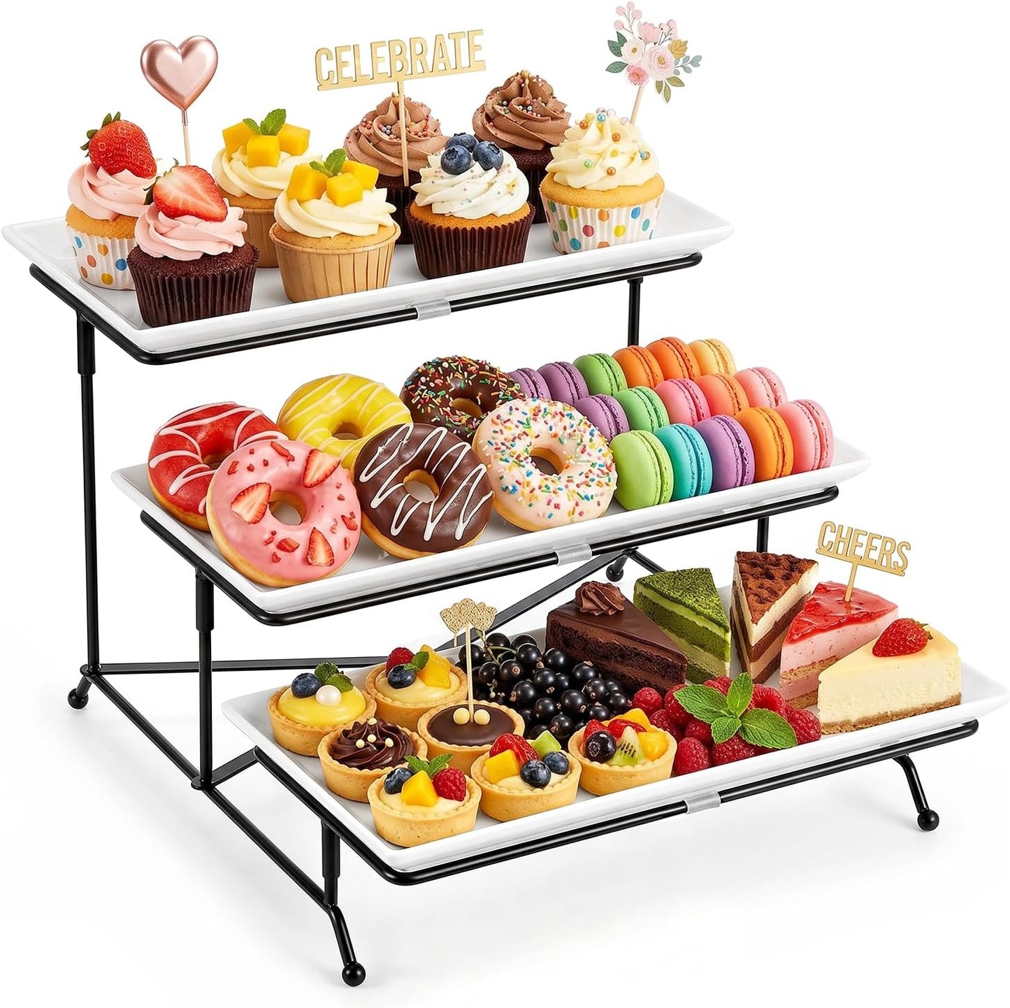 Yedio 3 Tier Serving Trays for Party, Porcelain Serving Platters and Trays, 12 Inch Tiered Tray Stand, Fruit Tray, Trays for Serving Food, White Dessert Stand with Collapsible Sturdier Metal Rack