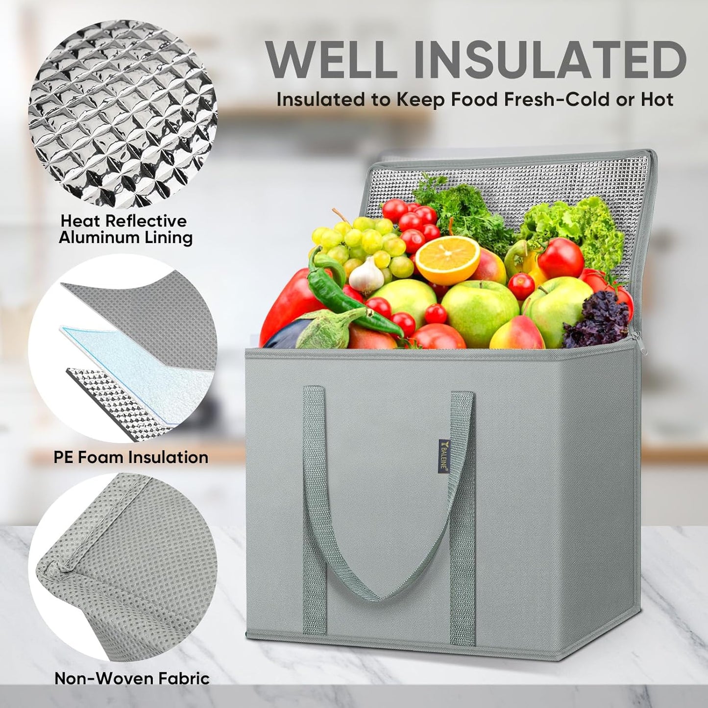 BALEINE 2Pk Insulated Reusable Grocery Bags, Collapsible Cooler Bag for Groceries, Heavy Duty Large Insulated Bag (16''x9''x13'', Antique Foliage)