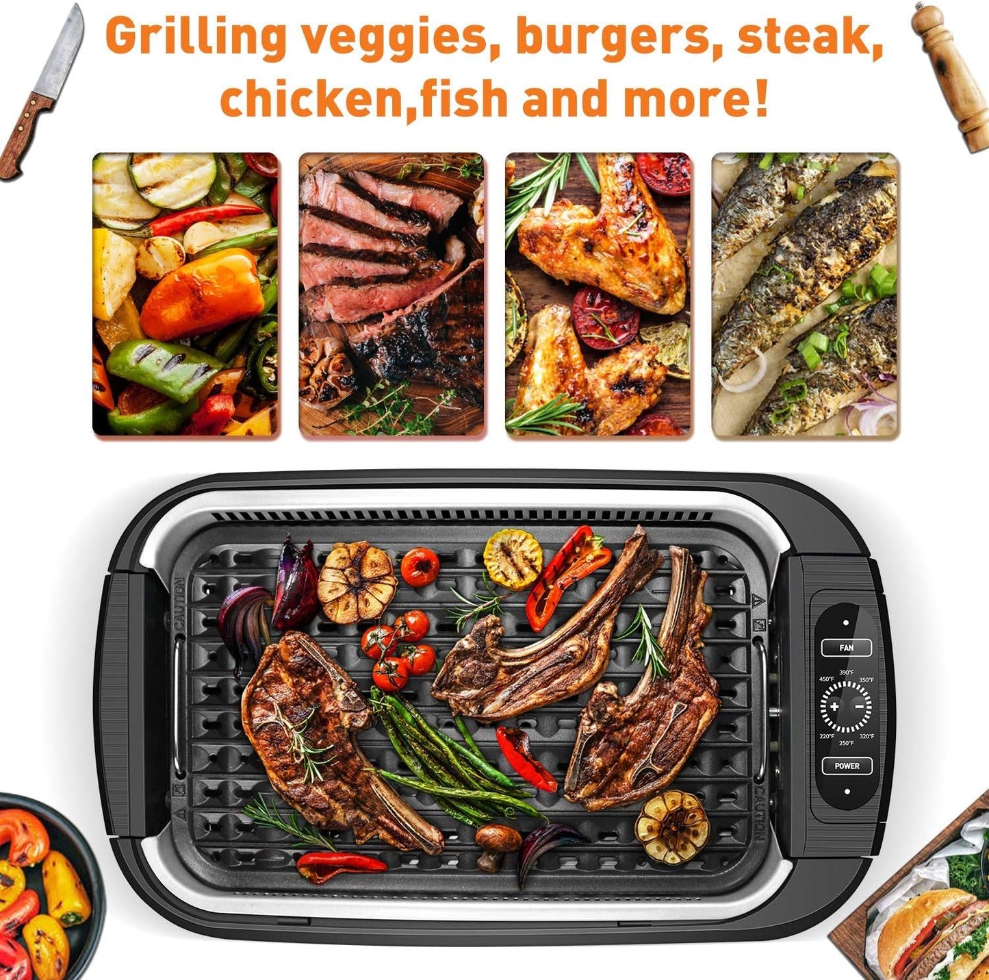 Techwood Indoor Grill Smokeless Grill, Electric Korean BBQ Grill with Glass Lid, Turbo Smoke Extractor Technology, Dishwasher-Safe Drip Tray & Nonstick Grilling Removable Plate, Black, 1500W