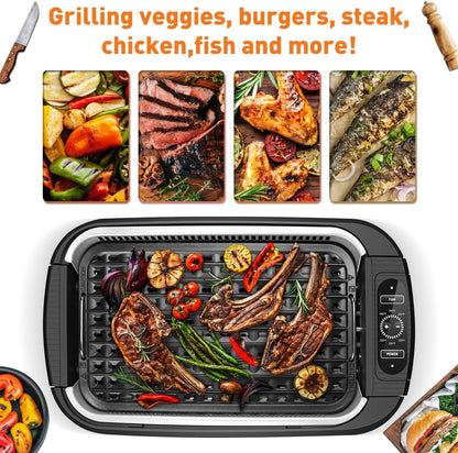 Techwood Indoor Grill Smokeless Grill, Electric Korean BBQ Grill with Glass Lid, Turbo Smoke Extractor Technology, Dishwasher-Safe Drip Tray & Nonstick Grilling Removable Plate, Black, 1500W