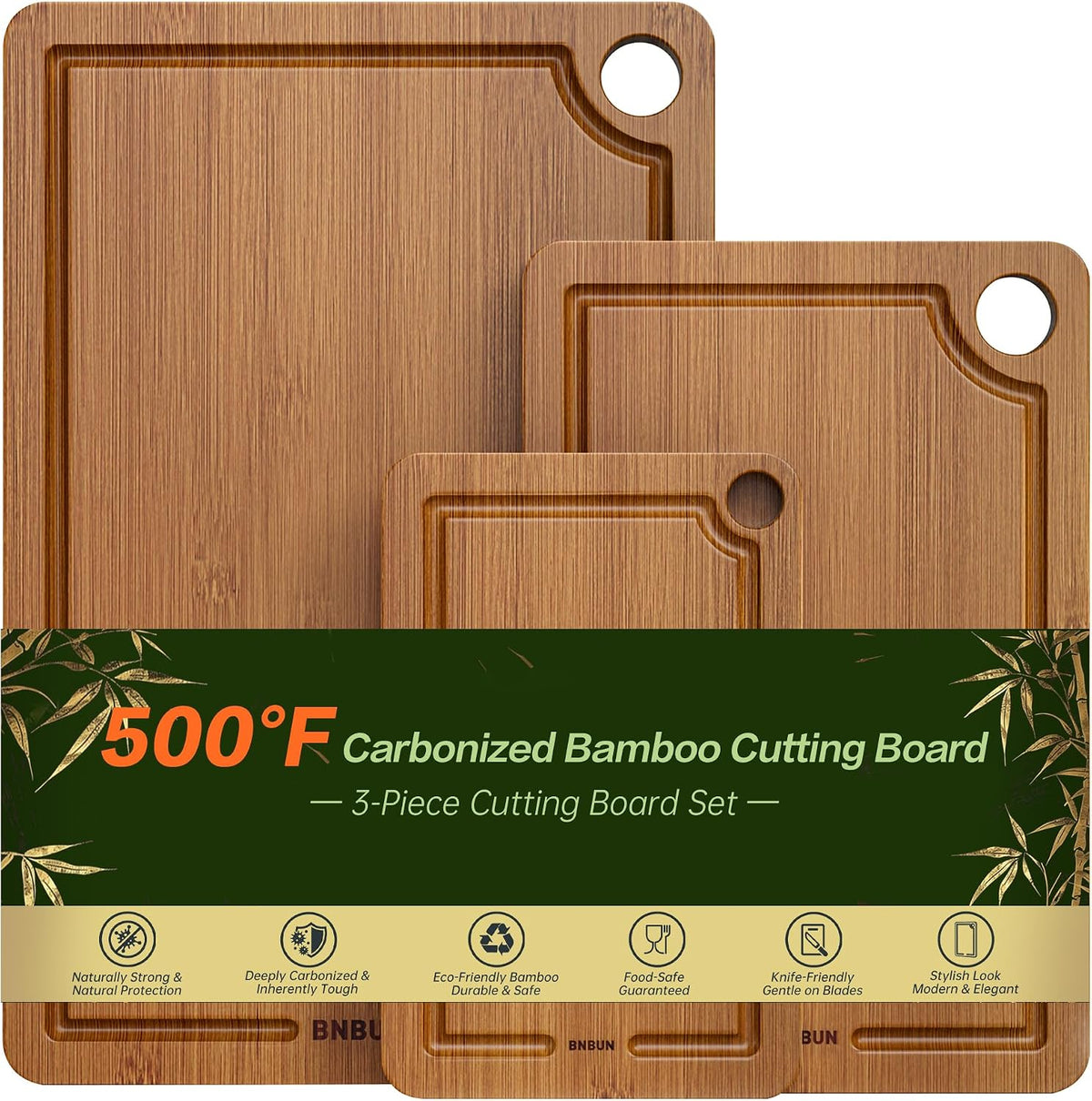Bamboo Cutting Board for Kitchen, 3-Piece Wooden Cutting Board Set with Deep Juice Grooves, Side Handles, Non-Slip Mats, Reversible Boards for Meat, Vegetables, Fruit and Cheese