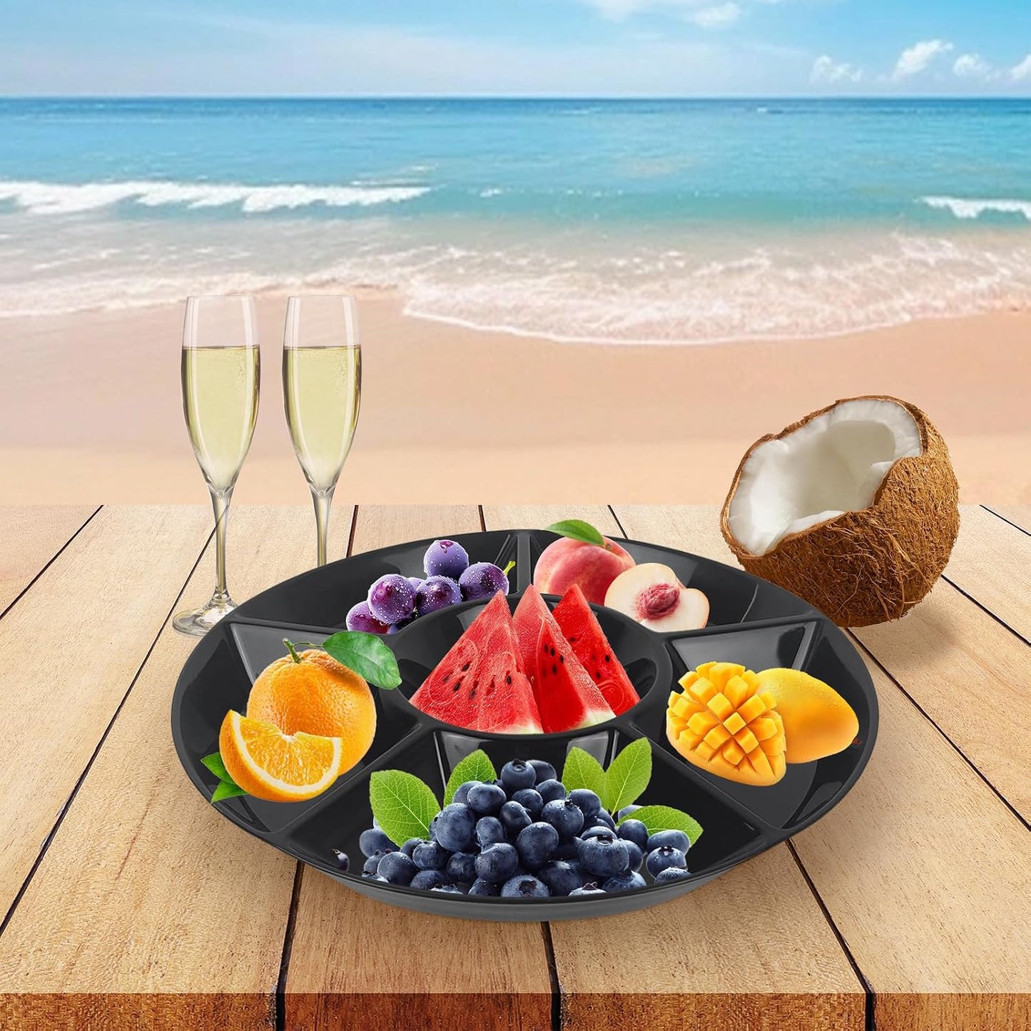 4 Pcs 12.4" Large Divided Serving Trays for Party Supplies, 6 Compartments Round Plastic Platters for Serving Food, Unbreakable Reusable Trays for Snack, Veggie, Fruit, Candy, White