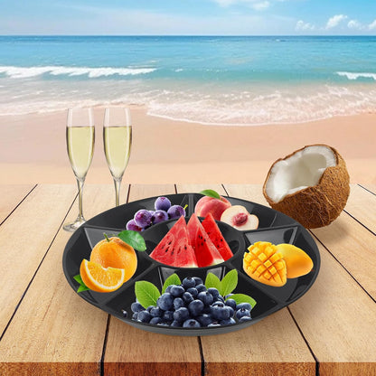 4 Pcs 12.4" Large Divided Serving Trays for Party Supplies, 6 Compartments Round Plastic Platters for Serving Food, Unbreakable Reusable Trays for Snack, Veggie, Fruit, Candy, White