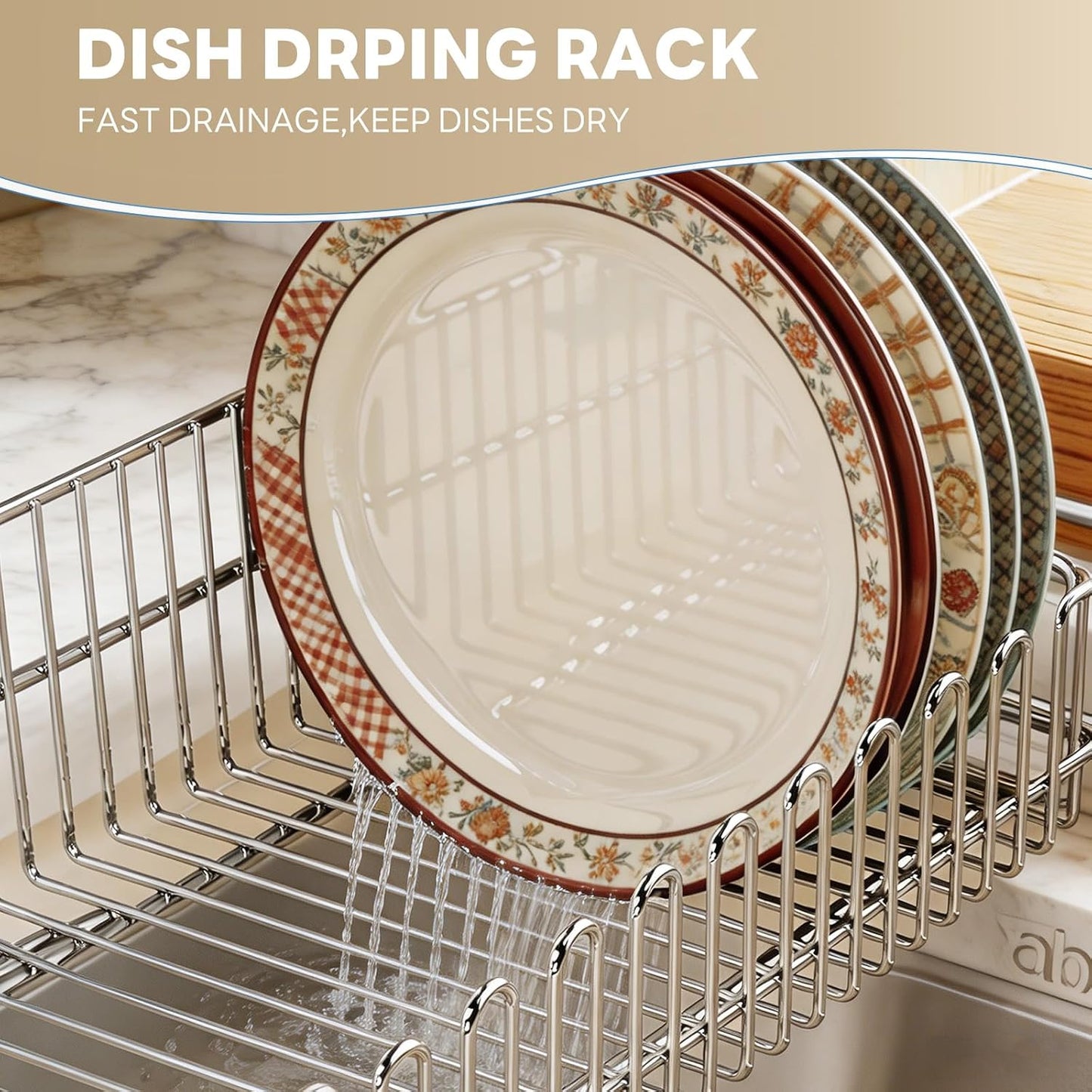 Expandable Over The Sink Dish Drainer Drying Rack, Stainless Steel Metal, Small Adjustable Dish Drainer Drying Rack for Kitchen Counter, Space Saving for Compact Kitchen