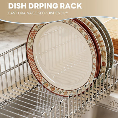 Expandable Over The Sink Dish Drainer Drying Rack, Stainless Steel Metal, Small Adjustable Dish Drainer Drying Rack for Kitchen Counter, Space Saving for Compact Kitchen