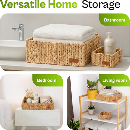 Storage Baskets for Shelves Set of 3, Open-Top Wicker Storage Bins with Handles, Shelf Organizer Baskets for Pantry, Closet & Bathroom, Water Hyacinth Baskets with Tissue Box Cover