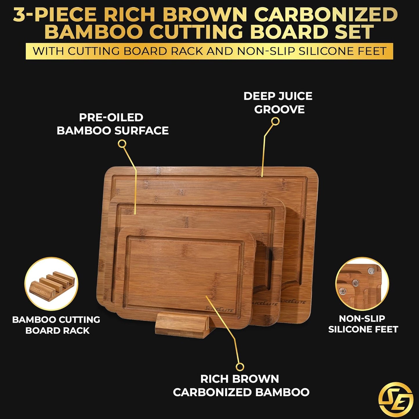 SliceElite Extra Large Bamboo Cutting Board Set 3 Piece End Grain Wooden Chopping Boards with Holder Non Slip Feet Juice Groove XL Butcher Block Style Boards for Kitchen Carving and Serving