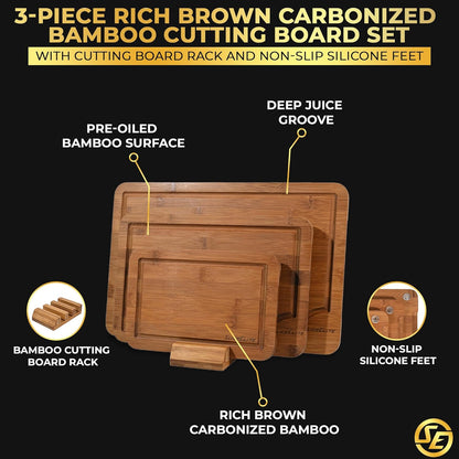 SliceElite Extra Large Bamboo Cutting Board Set 3 Piece End Grain Wooden Chopping Boards with Holder Non Slip Feet Juice Groove XL Butcher Block Style Boards for Kitchen Carving and Serving