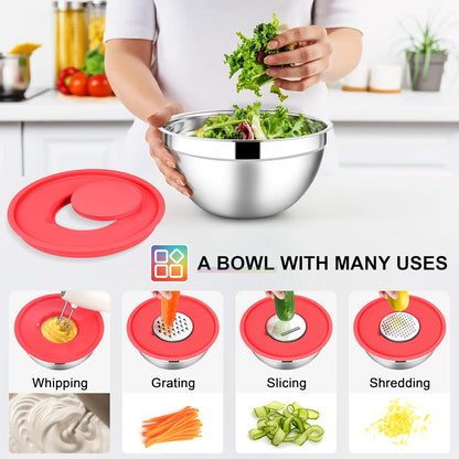 E-far Stainless Steel Mixing Bowls with Lids Set, 5-Piece Nesting Salad Bowls with 3 Grater Attachments and Non-Slip Bottoms, Size 4.6, 2.6, 2, 1.5, 1QT for Kitchen (Khaki)