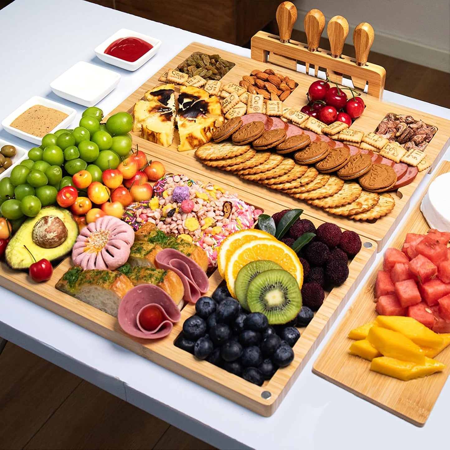 Charcuterie Board Set - Bamboo Cheese Board & Serving Tray with Stainless Steel Knives and Bowls, Housewarming Gifts New Home, Gift for Wedding Couple, Bridal Shower (NLB, 02)