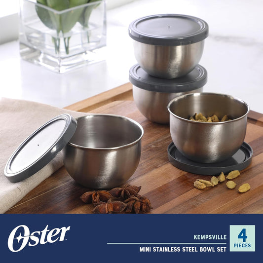 Oster Kempsville 4-Piece Stainless Steel Mini Bowls with Gray Lids – 3 Inch Prep and Storage Containers, Snack and Dipping Bowls