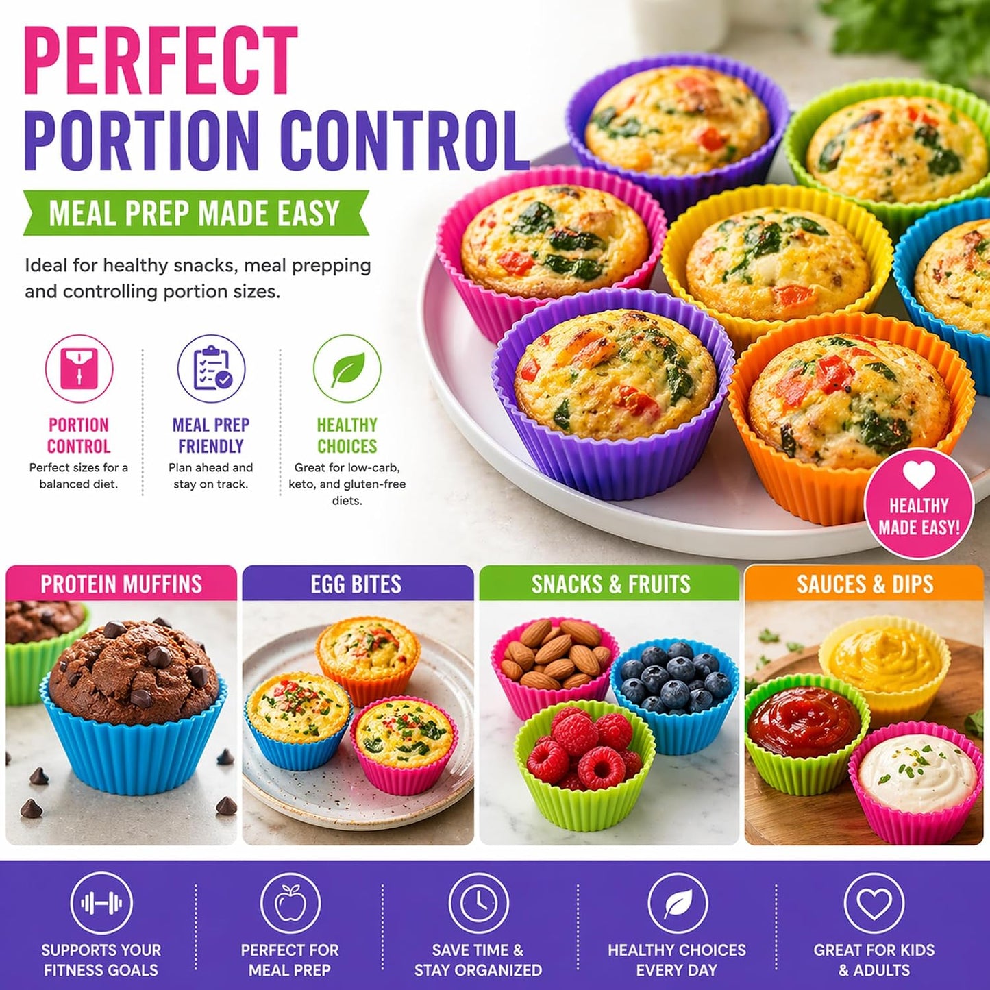 Cupcake Liners - Reusable Silicone Cupcake Baking Cups - Non-Stick Baking Muffins Mold - Use As Lunch Box Dividers - Set of 12 Kitchen Accessories - Great Gift Idea