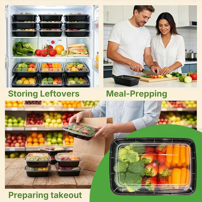 50 Pack (100-Piece) Meal Prep Containers with Lids, Reusable 2-Compartment Food Storage, Sturdy Leakproof, Food Safe, Microwave Freezer Dishwasher Safe, To-Go Takeout Plastic Containers – 60828