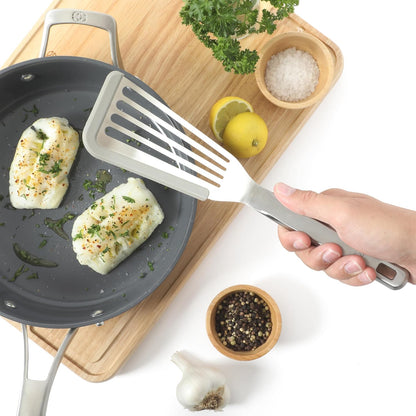 Calphalon Slotted Turner, Kitchen Flipping Spatula, Slotted Spatula, Stainless Steel Turner with Silicone Heat Resistance Handle, Nonstick-Safe Spatula for Draining and Flipping (Navy)