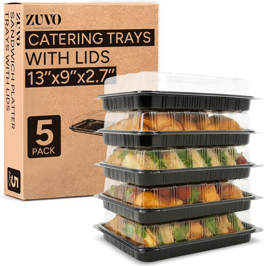 Zuvo Catering Trays with Lids 5 Pack - 13 Inch Reusable Serving Platters for Sandwiches, Cookies & Party Food - Stackable Plastic Food Trays with Clear Dome Lids for Buffets, Events & Catering