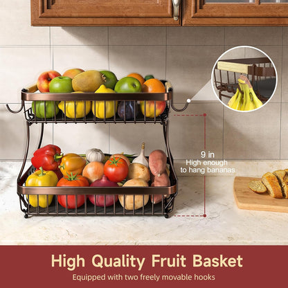Sevenblue 2 Tier Large Fruit Basket for Kitchen Counter with 2 Mobile Banana Hangers, 2026 Pro Detachable Metal Fruit Bowl with Wooden Handle, Fruit Holder for Bread Snack Veggies with Protective Mats