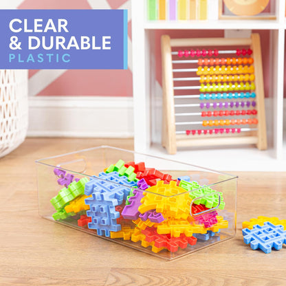 Plastic Food Storage 4 Pack Clear Container Bin with Handles for Organizing Kitchen, Pantry, Refrigerator, Freezer, Pantry, Cabinet, Closet, Bathroom. Stackable 10”x6”x3”