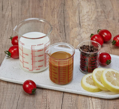3 Piece Glass Measuring Cup Set, Includes 1/2-Cup, 1-Cup, and 2-Cup High Borosilicate Glasss Liquid Measuring Cups, Dishwasher, Freezer, Microwave, and Preheated Oven Safe, Essential Kitchen Tools