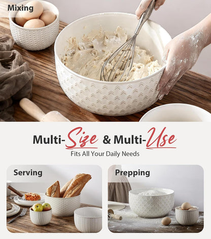 Lareina Ceramic Large Mixing Bowls Set of 4, Nesting Bowls for Cooking, Baking, Salad Etc, Serving Bowls Gift, Kitchen Stoneware, Oven, Microwave and Dishwasher Safe - 20/44/98/145 OZ, Ivory White