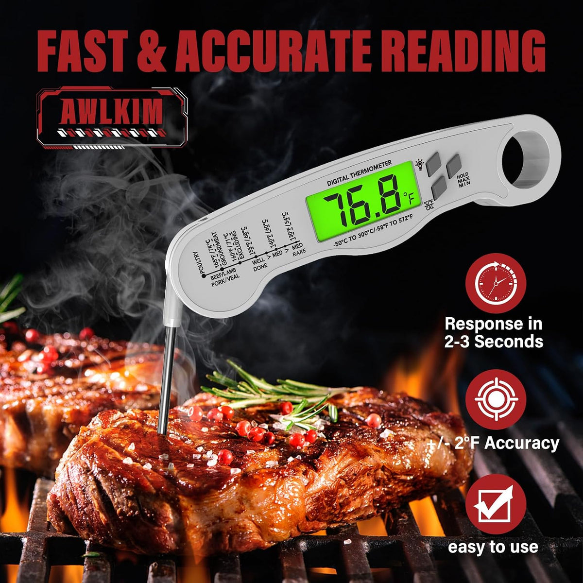 AWLKIM Meat Thermometer Digital, Instant Read Food Thermometer, Red