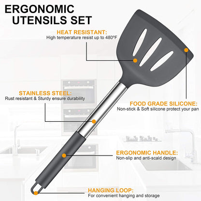 LIANYU 43 Pcs Silicone Kitchen Cooking Utensils with Holder, Heat Resistant Spatula Set with Stainless Steel Handle, Kitchen Cooking Gadgets Tools for Nonstick Cookware Set, Blue