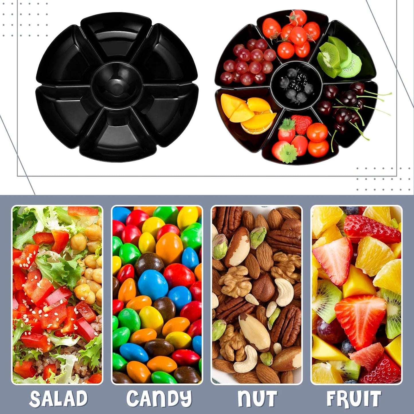 Zhehao 6 Pcs Plastic Divided Serving Trays with 60 Pcs Disposable Fork, 7 Compartments Round Chip Dip Plate, Petal Shape Platter, 10.6'' Snacks Serving Dish for Party Candy Nuts Fruits (Vibrant Color)