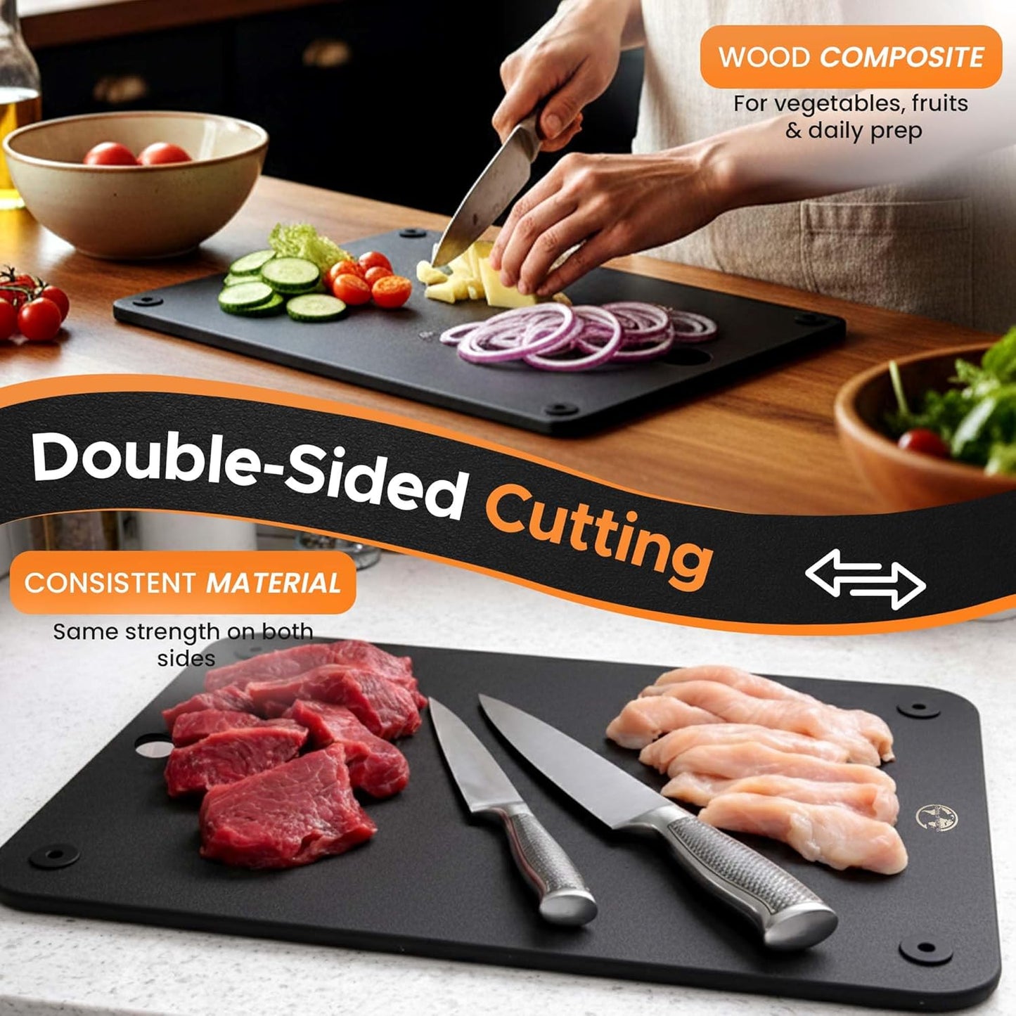 Earth's Dreams Composite Wood Cutting Board Set of 3 – Built In Juice Groove, Dishwasher Safe,Cutting Boards for Kitchen – Large, Medium & Small Non-Slip Wood Charcuterie & Chopping Boards (Tan/Black)