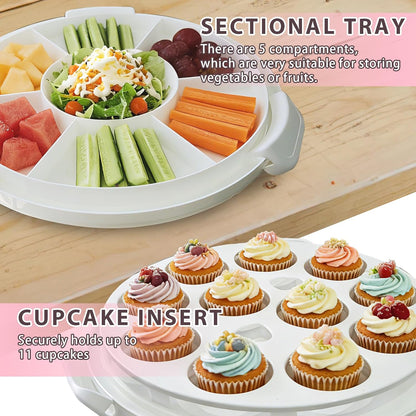 Plastic Cake Carrier with Lid and Handle, Multipurpose Cake Stand Holder Container for 11 in Cake, Round Cupcake Storage Box Serving Tray with Cover for Bundt Dessert Pie Pizza Eggs Fruit White