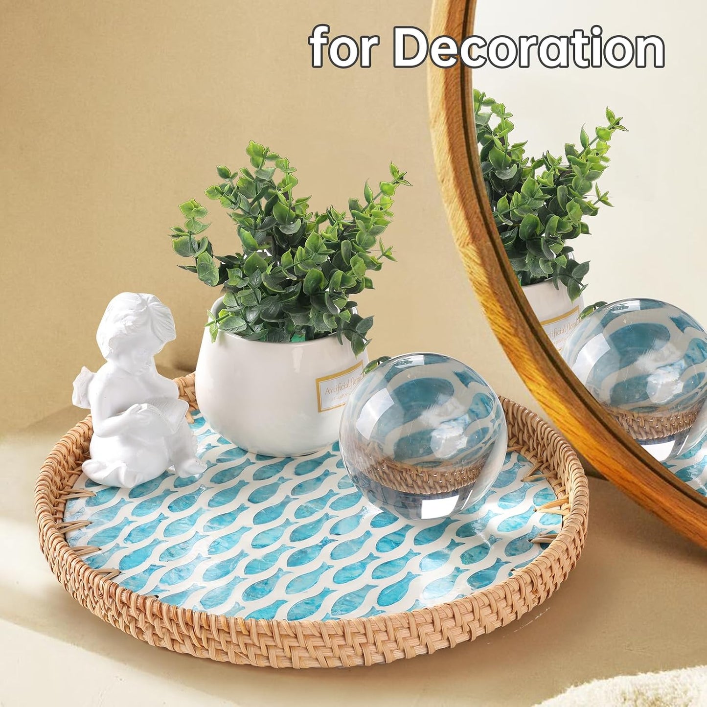Round Rattan Tray with Mother of Pearl Inlay, Rattan Serving Tray for Coffee, Bread, Fruits, Decorative Wicker Tray for Table Decor, Home Decor, Kitchen Island Decor(Black Checkerboard, 11.8")