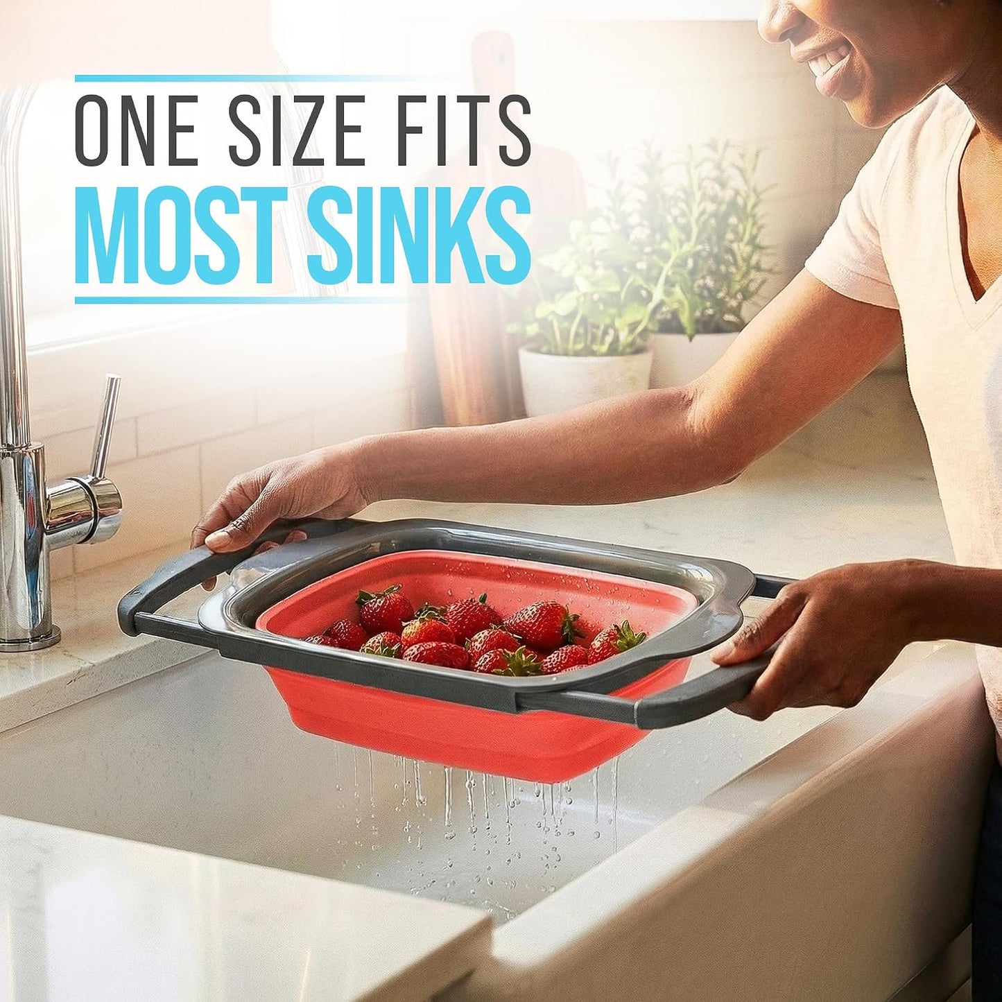 Comfify Coral XL Collapsible Silicone Over Sink Colander – 6 Quart | Coral; extends to 25" to span most sinks hands available; collapses flat; 6 Qt; heat resistant to 176°F; pasta, veg, fruit