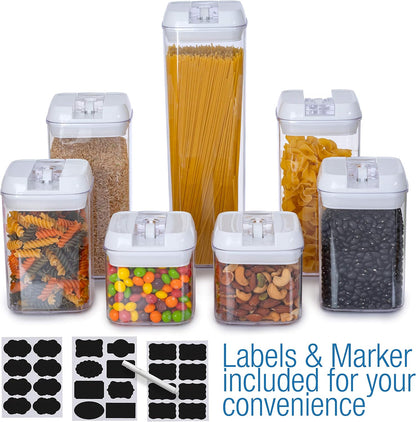 Set of 7 Airtight Food Storage Containers - Pantry Organizer Bins, BPA Free Plastic Containers plus Dry Erase Marker and Labels, White