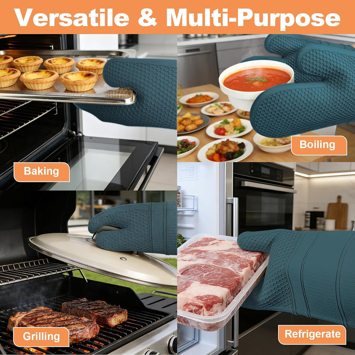 Yutat Silicone Oven Mitts - Oven Mitts and Pot Holders Sets Made of Non-Slip & BPA-Free Silicone, High Heat Resistant 500 Degrees, Perfect for Kitchen Cooking Baking BBQ, Peak Green