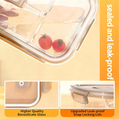 Glass Meal Prep Containers 5 Pack - Lunch Boxes with Leakproof Lids, Food Storage Containers, Bento Boxes, Gray (3 Compartment)