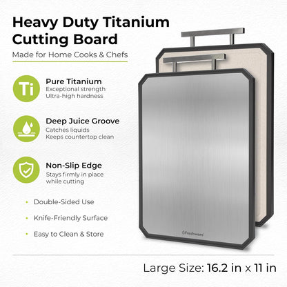 Freshware Titanium Cutting Board for Kitchen, Set of 2, Double Sided Cutting Boards, Pure Titanium/PP, Chopping Board with Juice Grooves, Dishwasher Safe, Medium 12.1" by 8.3" and Large 16.2" by 11"