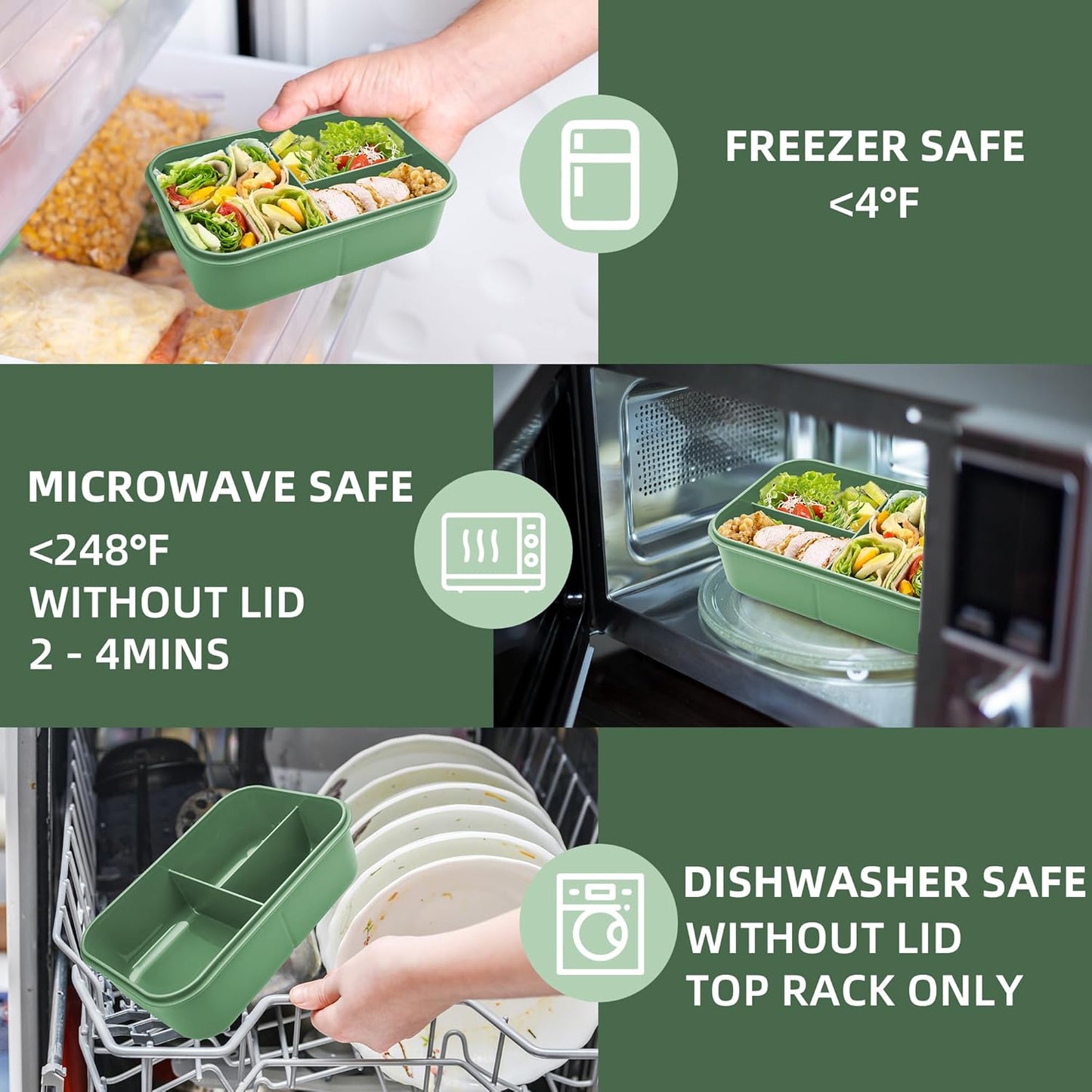 Fanhaw 40 Oz/5 Cup Bento Box for Kids, Men and Women, Lunch Box with 3 Compartments, Utensil, Microwave & Dishwasher Safe (Green)