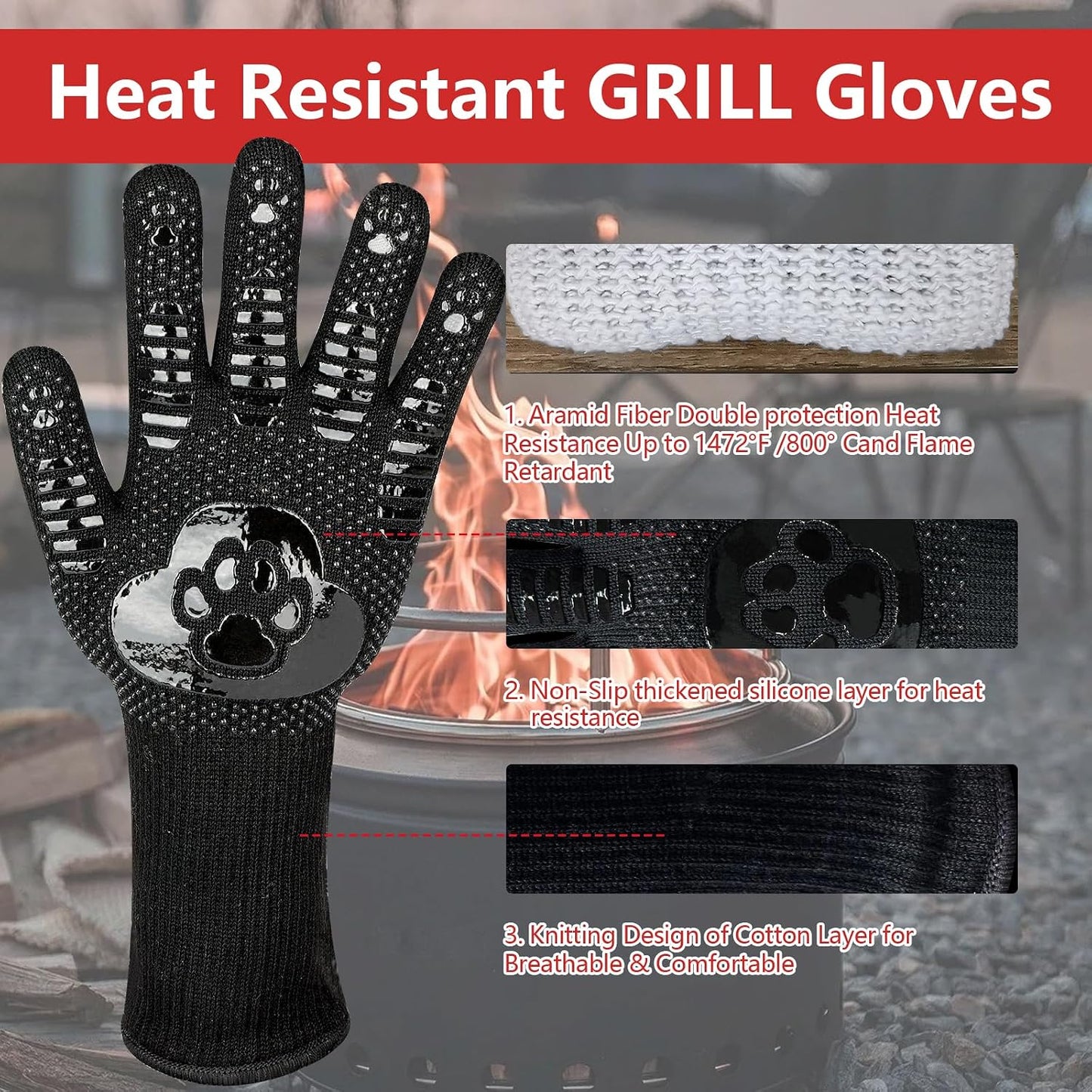 UBeesize Lengthen BBQ Gloves (Phoenix), 1472°F Heat Resistant Grill Glove, 14 inch Fireproof Oven Gloves for Cooking, Non-Slip Fire Glove for Grilling, Barbecue, Smoker, Baking, Frying