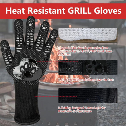 UBeesize Lengthen BBQ Gloves (Phoenix), 1472°F Heat Resistant Grill Glove, 14 inch Fireproof Oven Gloves for Cooking, Non-Slip Fire Glove for Grilling, Barbecue, Smoker, Baking, Frying