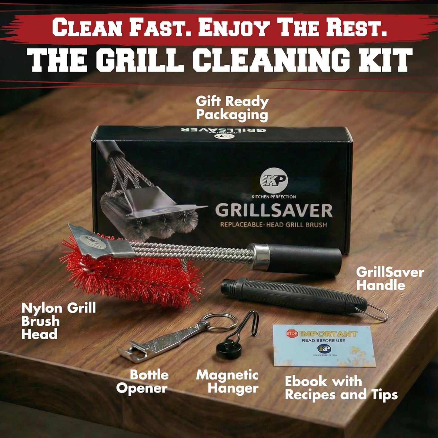 KITCHEN PERFECTION GrillSaver - Safe BBQ Grill Brush for Outdoor Grill with Replaceable Cleaning Head -Heavy-Duty Grill Cleaner with Scraper for All Grates +2 Bonuses -Best Grilling Gifts for Men