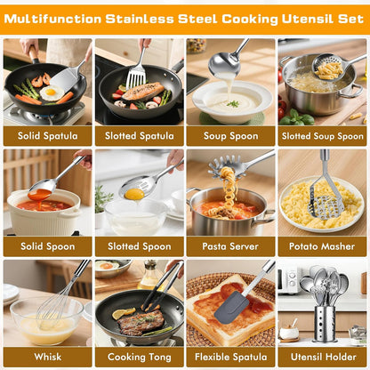 9 Pcs Cooking Utensils Set, Stainless Steel Kitchen Utensils, Heat Resistant Metal Kitchen Tools Include Solid & Slotted Spatula, Serving Spoon, Ladle, Pasta Server,Potato Maseher, Egg Whisk, Silver