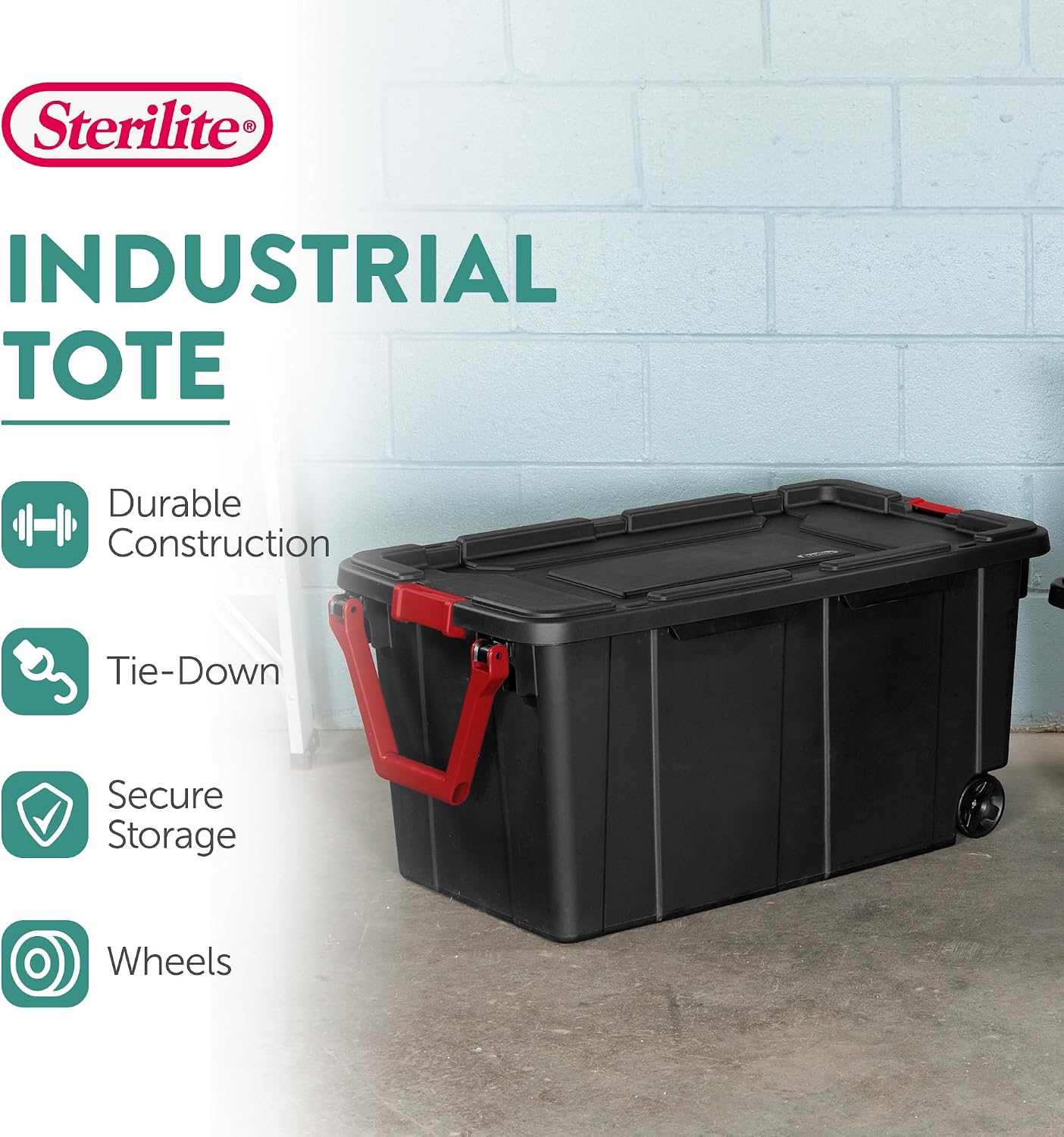 Sterilite Heavy Duty 40 Gallon Wheeled Industrial Storage Tote, 4-Pack, Black
