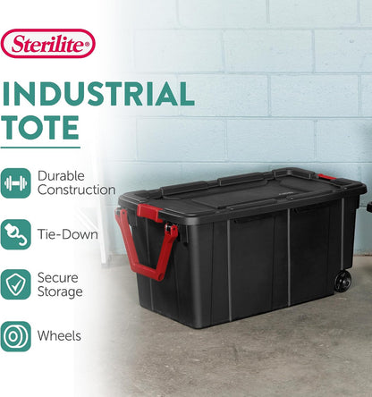Sterilite Heavy Duty 40 Gallon Wheeled Industrial Storage Tote, 4-Pack, Black