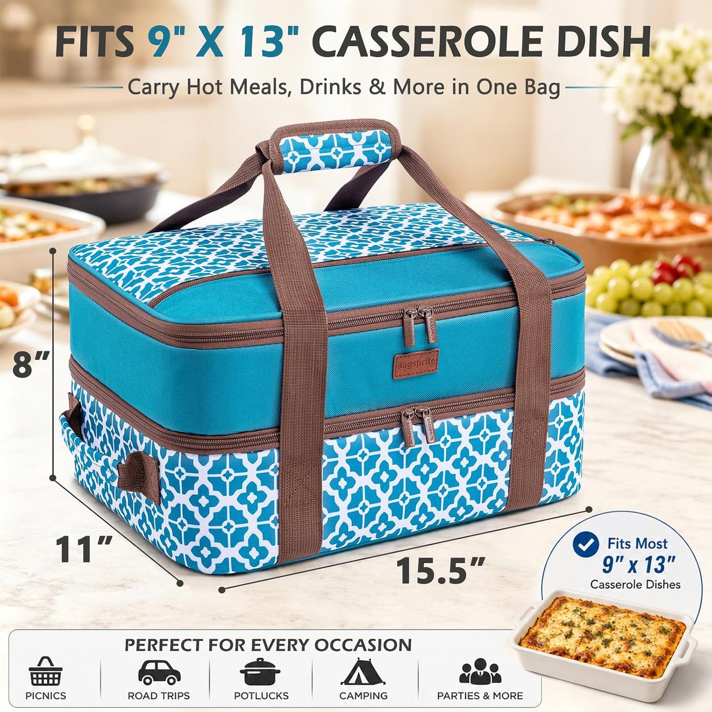 Double Layer Insulated Casserole Carrier, Fits 9" x 13" Baking Dish, Food Transport Carrier with Utensil Pocket for Hot & Cold Dishes, Reusable Potluck Tote for Thanksgiving, Parties&Family Gatherings
