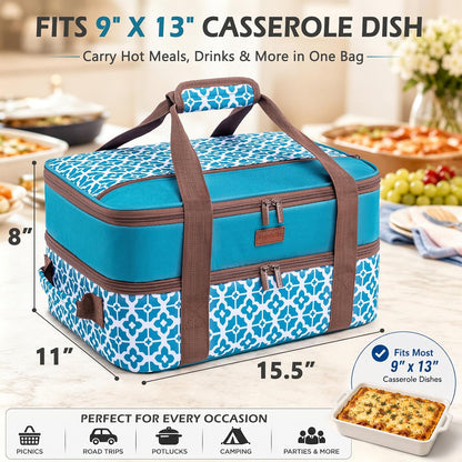 Double Layer Insulated Casserole Carrier, Fits 9" x 13" Baking Dish, Food Transport Carrier with Utensil Pocket for Hot & Cold Dishes, Reusable Potluck Tote for Thanksgiving, Parties&Family Gatherings
