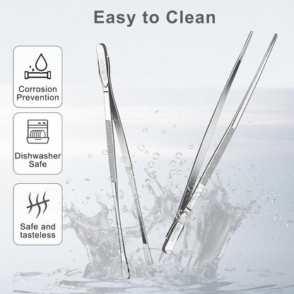 2 Pcs 12-Inch Stainless Steel Kitchen Tweezers, Dual-Tip Serrated Tongs with Hook - Heat-Resistant Non-Slip Cooking Tweezers for BBQ, Grilling, Plating & Serving