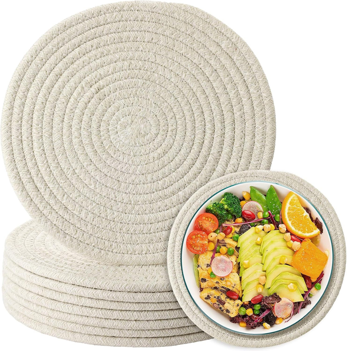 8 Inch Cotton Rope Trivets for Hot Dishes Set of 8 Heat Resistant Mats for Countertop Potholders for Kitchens Trivets for Hot Pots and Pans and Quartz Countertops Farmhouse Kitchen Décor, Mixed Brown