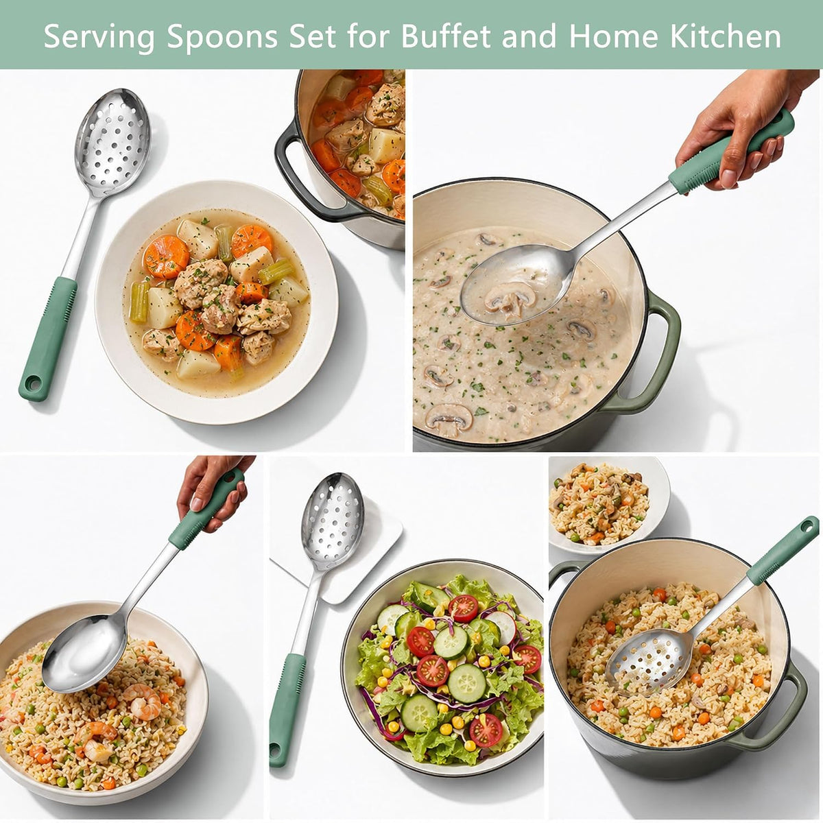 2-Piece Serving Spoons, 11-Inch, Solid & Slotted, Platinum Silicone