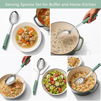 2-Piece Serving Spoons, 11-Inch, Solid & Slotted, Platinum Silicone