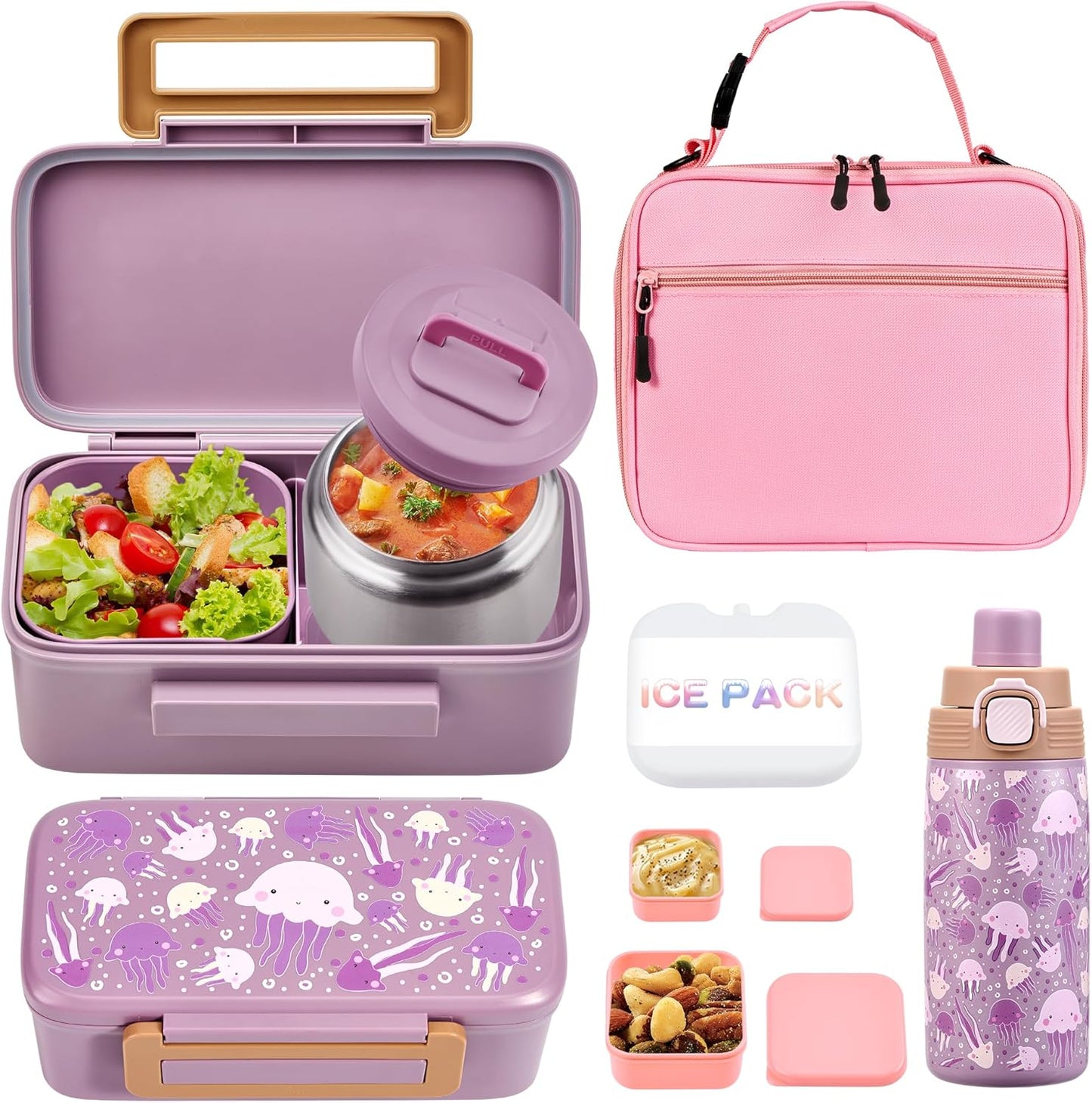 MAISON HUIS Bento Box for Kids with 8oz Soup Thermo, Insulated Lunch Bag & 17oz Water Bottle, 2-Compartment Bento Box with Built-In Ice Pack, Leak-Proof & BPA-Free