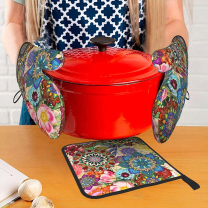 Boho Floral Oven Mitts and Pot Holders Sets of 3, Cute Baker Stuff